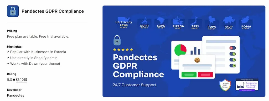 Pandectes GDPR Compliance app listing on the Shopify App Store